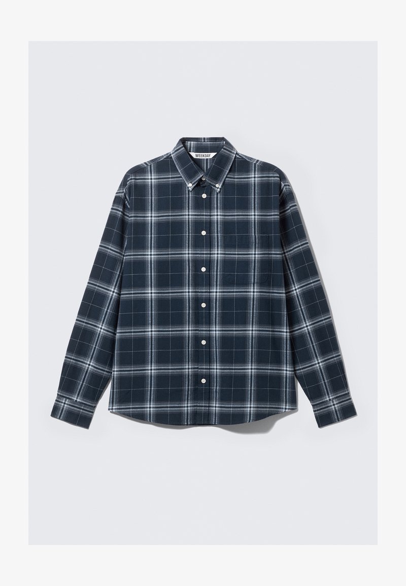 Navy blue plaid shirt made of cotton with long sleeves, button-down collar, white buttons, and a chest pocket, featuring a checked pattern.