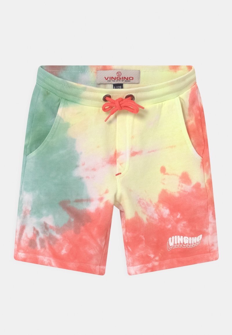 Shorts tie-dye multicolores avec des teintes de vert, jaune et rouge. Taille élastique avec cordon de serrage corail et poches latérales. Détail logo Vingino.