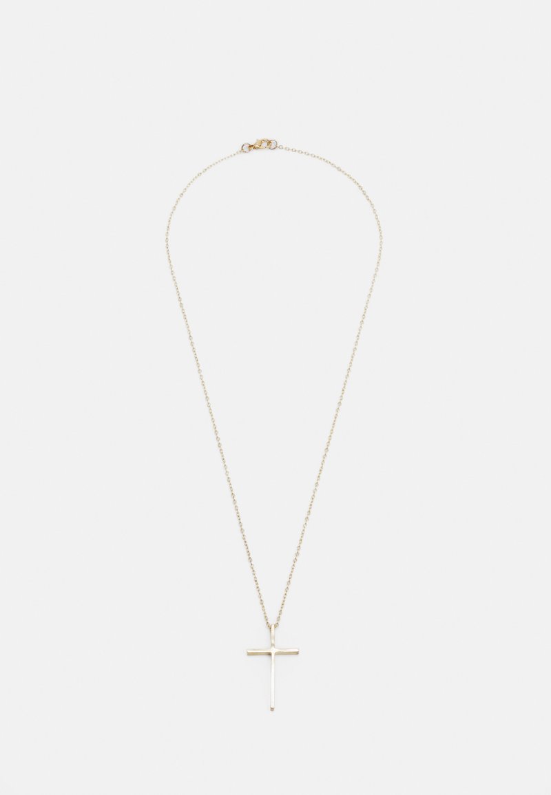 Collana color oro con catena sottile e pendente a croce minimalista. Il pendente presenta una finitura liscia e lucida.
