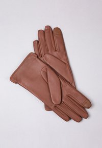 Brown leather gloves with a smooth texture, featuring separate fingers, reinforced accents on the fingertips, and a sleek design.