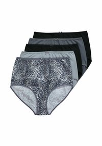 Cinq paires de sous-vêtements pour femmes en noir, gris et avec un imprimé léopard. Le tissu est smooth, avec des accents de nœud à la taille.