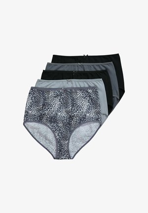 Pět párů dámského spodního prádla v černé, šedé a leopardím vzoru. Tkanina je hladká a na pase jsou mašličkové detaily.