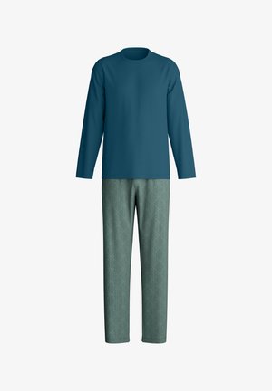 Türkisfarbenes langärmliges Hemd kombiniert mit hellgrünen Hosen mit einem dezenten geometrischen Muster, präsentiert auf weißem Hintergrund.