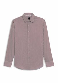 Chemise à manches longues avec des rayures verticales rouges et blanches, col pointu et poignets à boutons, posée à plat sur un fond blanc.