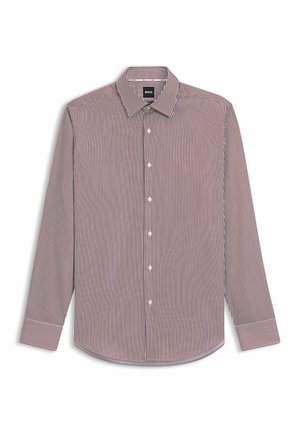 Long-sleeve button-up shirt with vertical red and white stripes, pointed collar, and buttoned cuffs, laid flat on white background.