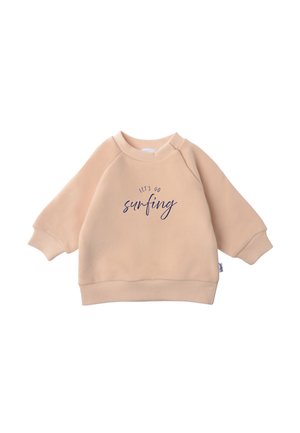 Beiger Kleinkind-Sweatshirt mit gerippten Bündchen und Halsabschluss, vorne mit dunkelblauem Schriftzug "Let's Go Surfing".