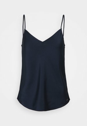 Canottiera senza maniche blu navy con sottili spalline regolabili e scollo a V, presentata su uno sfondo bianco.