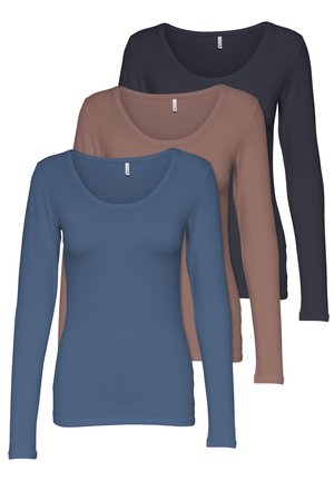 Three long-sleeve tops in blue, brown, and dark blue. Each has a scoop neckline and a fitted design, made from a smooth fabric.