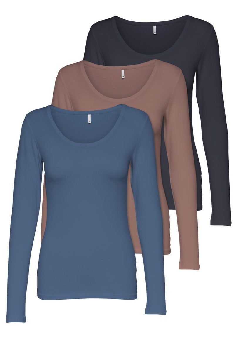 Drei langärmlige Oberteile in Blau, Braun und Dunkelblau. Jedes hat einen runden Halsausschnitt und ein figurnahes Design, gefertigt aus einem glatten Stoff.