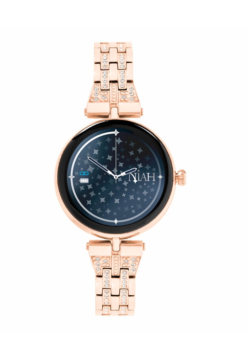 Montre en or rose avec un cadran rond, un face noir à motifs d'étoiles, des accents argentés et un bracelet à maillons orné de strass.