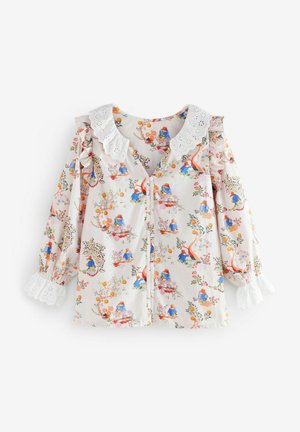 Ziedu raksts ar gaistošu audumu, šķērsām piedurknēm, mežģīņu apdari un viļņotu apkakli. Iekļauj spilgtas zilas, oranžas un zaļas krāsas.