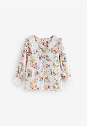 Ziedu blūze no viegla auduma ar ruļļotiem piedurknēm, baltām mežģīnēm, apaļu apkakli un krāsainām dabas un tēlu ilustrācijām.