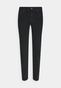 Svarta denimjeans med slim fit, med en framknäppning, fem fickor och en slät textur. Förstärkta sömdetaljer syns.