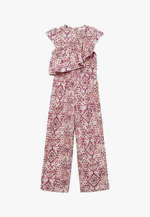 Jumpsuit a fantasia rosa e crema con dettagli a volants sulle spalle, design a gamba larga e motivi floreali su tutta la stoffa.