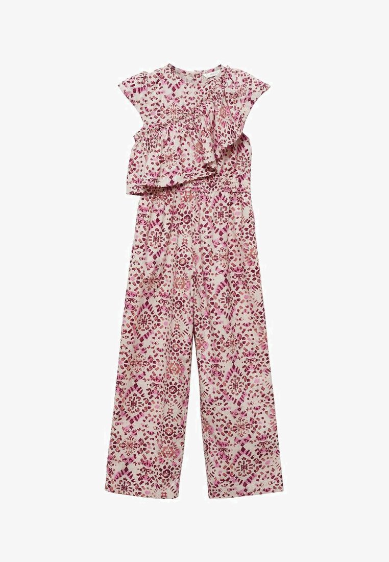 Ružičasto in smetanovo obarvan kombinezon s deleži z naborki na ramenih, širokimi hlačnicami in cvetličnimi motivi po celotni tkanini.