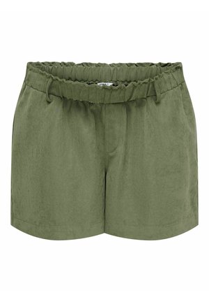 Olivengrønne casual shorts med elastisk midjebånd, beltestropper og sidelommer, laget av lett stoff.