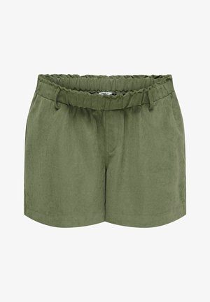 Olivengrønne casual shorts med elastisk midjebånd, beltestropper og sidelommer, laget av lett stoff.