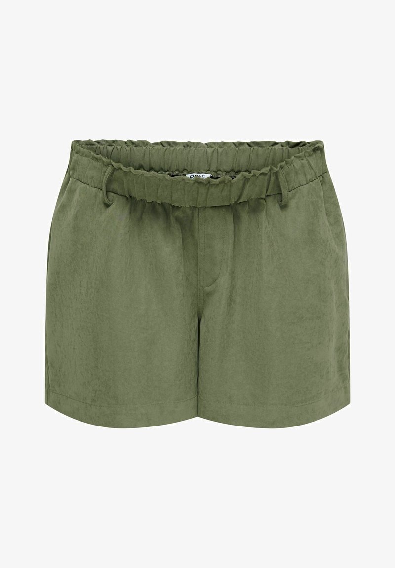 Shorts décontractés vert olive avec taille élastique, passants de ceinture et poches latérales, fabriqués en tissu léger.