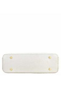 Weißer Leder-Handtasche in rechteckiger Form, mit goldenen Hardware-Akzenten und glatter Textur, genähte Details entlang der Kanten.