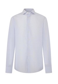 Camicia button-up azzurro chiaro realizzata in tessuto testurizzato con un sottile motivo a quadri, maniche lunghe e colletto classico.