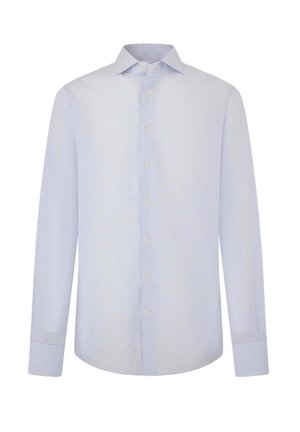 Svetlomodrá košeľa na gombíky vyrobená z textúrovanej tkaniny s jemným kockovaným vzorom, s dlhými rukávmi a štandardným golierom.