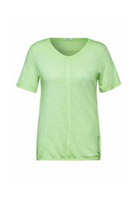 Lys grøn kortærmet T-shirt med V-hals, der har en diskret glans og en dekorativ sømdetalje foran samt logoaccent på siden.