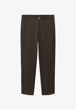 Brown, pleated trousers with a smooth texture, elastic waistband, and two side pockets. Features a single metal button closure.