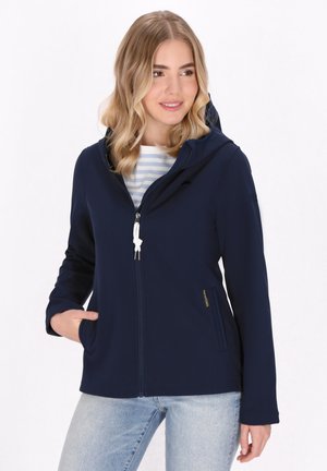 Giacca con cappuccio blu navy realizzata in tessuto morbido, con zip frontale, tasche laterali e dettagli con lacci bianchi. Camicia a righe azzurre all'interno.
