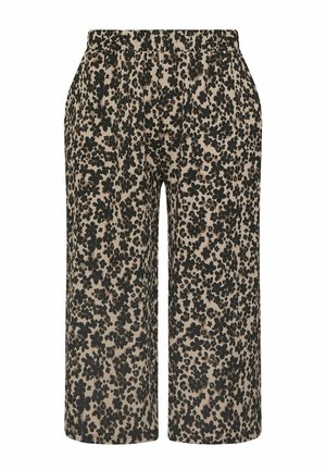 Weit geschnittene, verkürzte Hosen mit schwarzem Blumenmuster auf beigem Hintergrund und elastischem Bund.