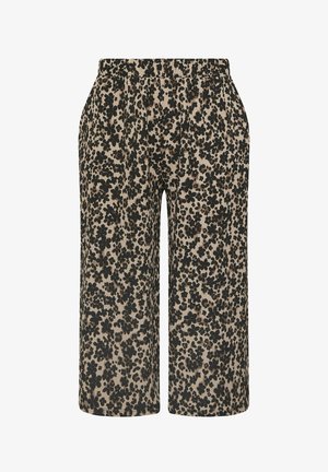 Weit geschnittene, verkürzte Hosen mit schwarzem Blumenmuster auf beigem Hintergrund und elastischem Bund.