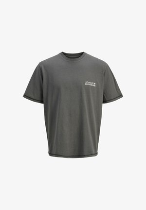 T-shirt gris en coton avec un col rond, des manches courtes et un logo imprimé sur la poitrine gauche. Présente des coutures de ourlet contrastantes.