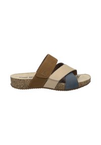 Multi-colored slide sandals featuring brown, beige, and blue suede straps. Textured cork sole with a slight heel. Brand logo visible.