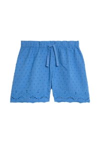 Pantaloni corti azzurri chiari realizzati in tessuto testurizzato, con punti in rilievo, una vita elasticizzata con cordino e un bordo in pizzo occhio di pernice a forma ondulata.