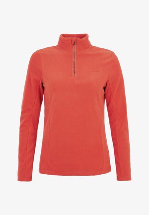 Rode fleece trui met een halve rits kraag, lange mouwen en een zachte textuur. Heeft een subtiele logo op de linker borst.