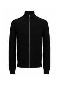 Sort ribbet strikket zip-up sweater med høj krave, lange ærmer og en sølv lynlås. Har en slim fit og tekstureret stof.