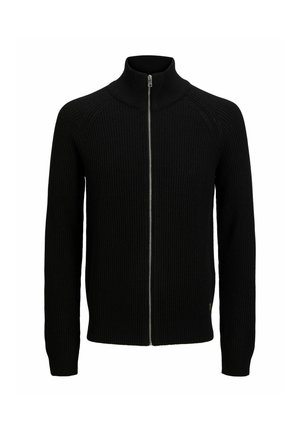 Sudadera de punto de rayas negra con cremallera, cuello alto, mangas largas y cremallera plateada. Presenta un ajuste slim y una tela texturizada.