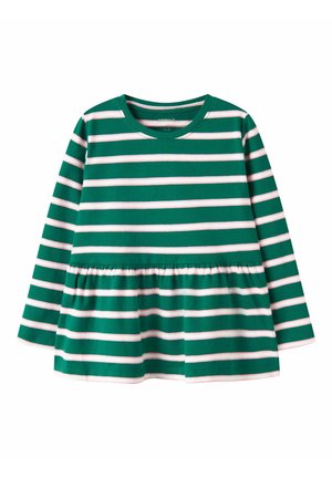 Chemise verte à manches longues avec des rayures blanches horizontales et un détail froncé à la taille, taille enfant 2T.