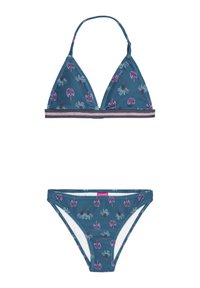 Teal bikinit setti, jossa on kolmiohuppu ja siihen sopivat alaosat, joissa on purppuranvärinen palmun kuvio. Raidallinen nauha rinnojen alla. Silkkinen kangastuntuma.
