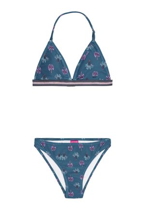 Teal bikinit setti, jossa on kolmiohuppu ja siihen sopivat alaosat, joissa on purppuranvärinen palmun kuvio. Raidallinen nauha rinnojen alla. Silkkinen kangastuntuma.