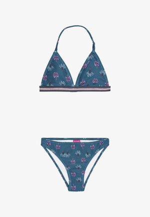 Tyrkysový bikiny set s trojuholníkovým vrchom a zodpovedajúcimi spodkami, s palmovým vzorom v purpurovej farbe. Pruhovaný pás pod prsiami. Hladká textúra látky.