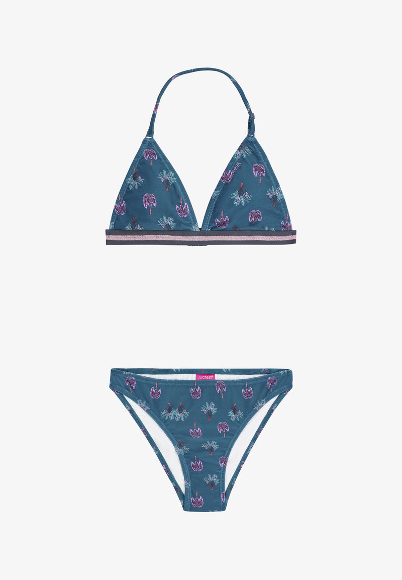 Tyrkysový bikiny set s trojúhelníkovým vrškem a ladícími spodními díly, zdobený palmovým vzorem v purpurové barvě. Proužkovaný pás pod poprsím. Hladká textilie.