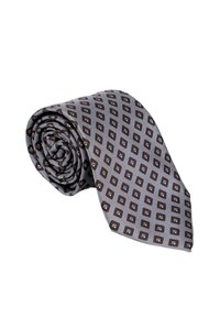 Opgerolde grijze stropdas met een herhalend bruin diamantpatroon, getoond op een witte achtergrond.