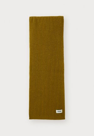 Dijono geltonos spalvos, juostelės raštuotas šaliklis, pagamintas iš tekstūruoto mezginio medžiagos, su logotipo etikete apačioje. Stačiakampio formos, su nuosekliu raštu.
