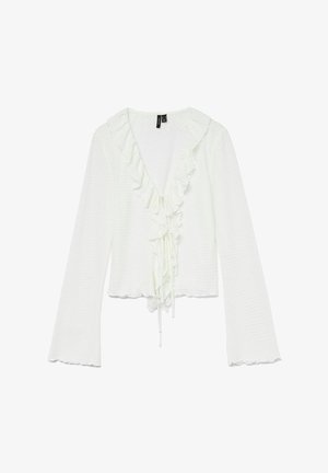 Valge pikkade varrukatega pluus, millel on sügav V-kaelus, rüüsitud esiosa, tekstuuriga kangas ja lipsu detail vööl. Pehme ja kergesti kantav disain.