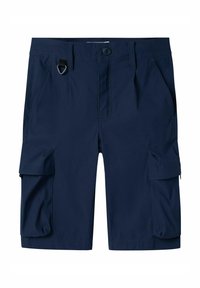 Shorts cargo bleu marine en tissu durable, présentant deux poches latérales, deux poches cargo et une fermeture à bouton à l'avant.