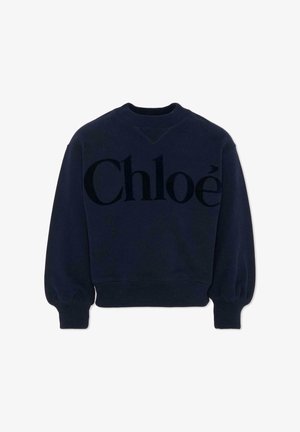 Felpa blu navy con un grande logo "Chloé" in velluto scuro sulla parte anteriore, con polsini e orlo a costine e un classico collo a giro.