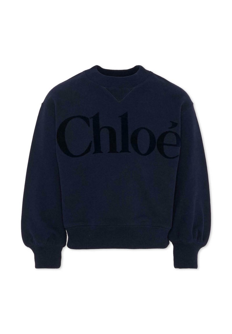 Felpa blu navy con un grande logo "Chloé" in velluto scuro sulla parte anteriore, con polsini e orlo a costine e un classico collo a giro.