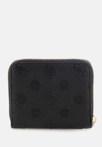 Portofel din piele neagră, cu un model embosat, închidere cu fermoar și accesorii aurii, și design compact rectangular.