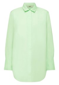 Camicia button-up verde chiaro, maniche lunghe, colletto, orlo curvo, texture liscia, realizzata in tessuto leggero, design minimalista.
