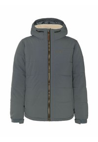 Veste rembourrée en gris ardoise avec une fermeture éclair à l'avant, capuche ajustable et poignets côtelés. Présente une doublure intérieure douce et un logo subtil.